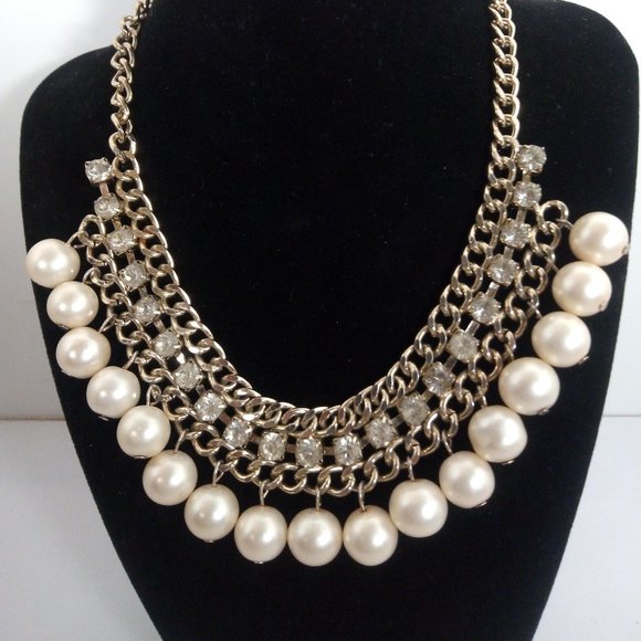 Vintage Jewelry - Vintage Silver/Pearl/Rhinestone Link Necklace